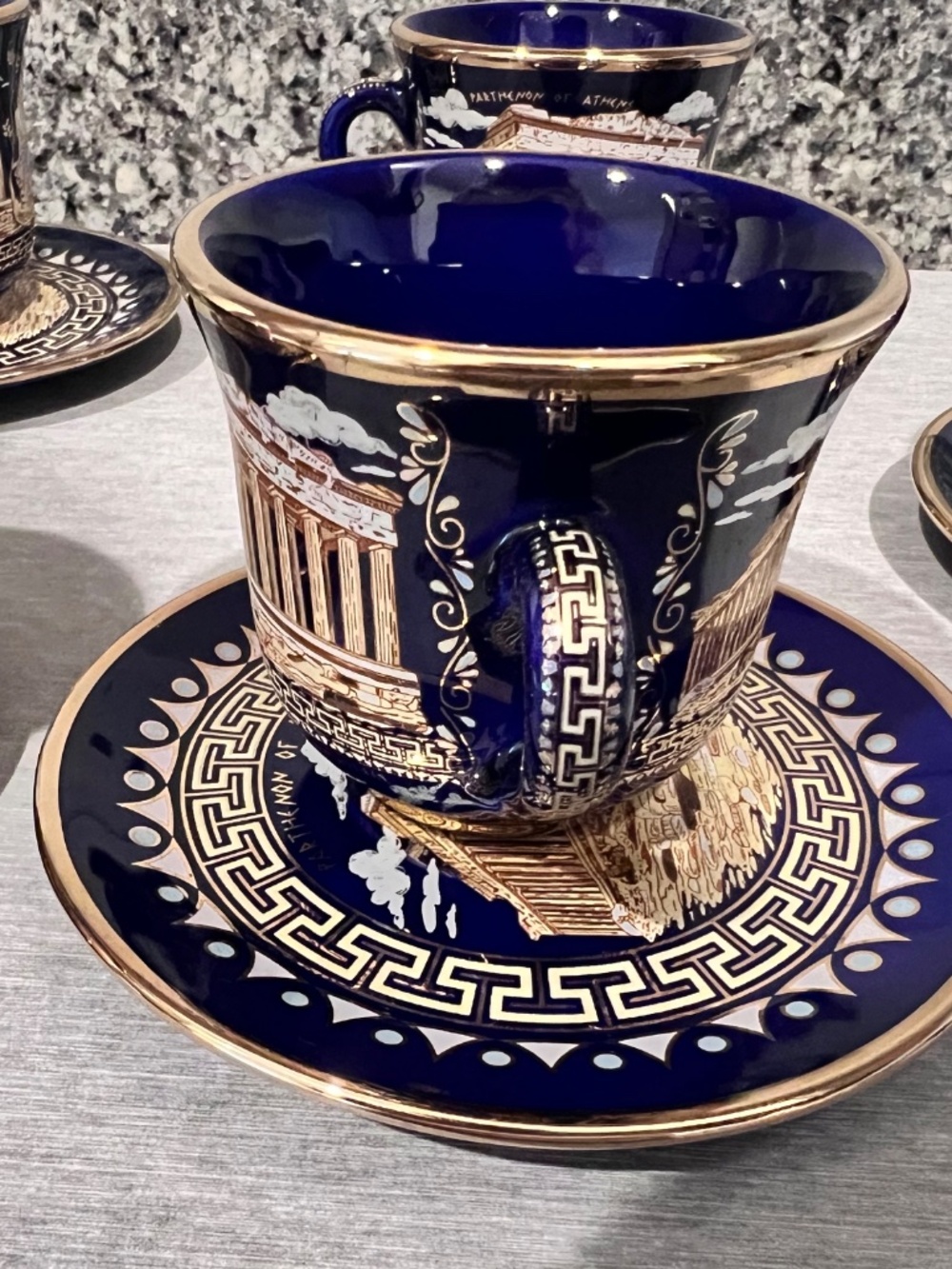 Greek Parthenon 24K Gold Cobalt Cup & Saucer Set 10 Pieces - Picture 7 of 15